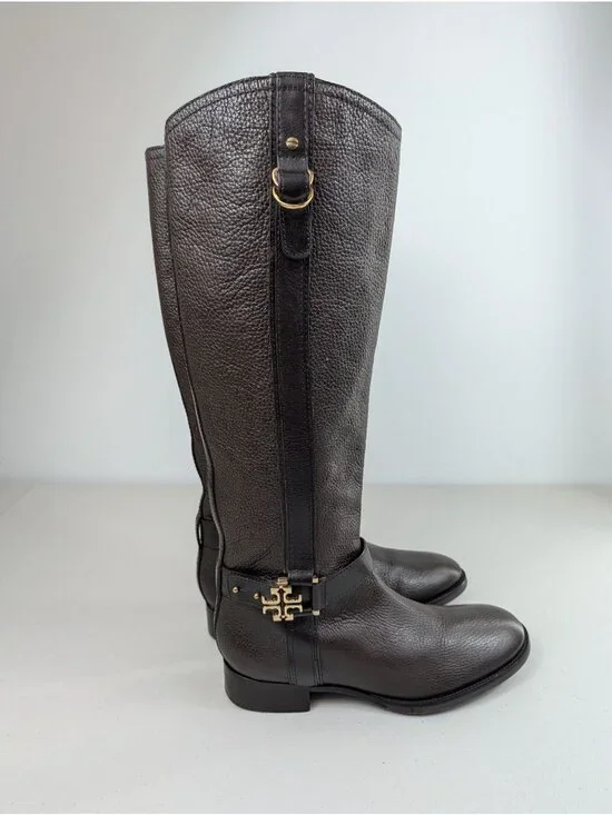Tory Burch Elina Riding boots brown leather gold tone logo turnblock size 8.5 - Picture 2 of 10
